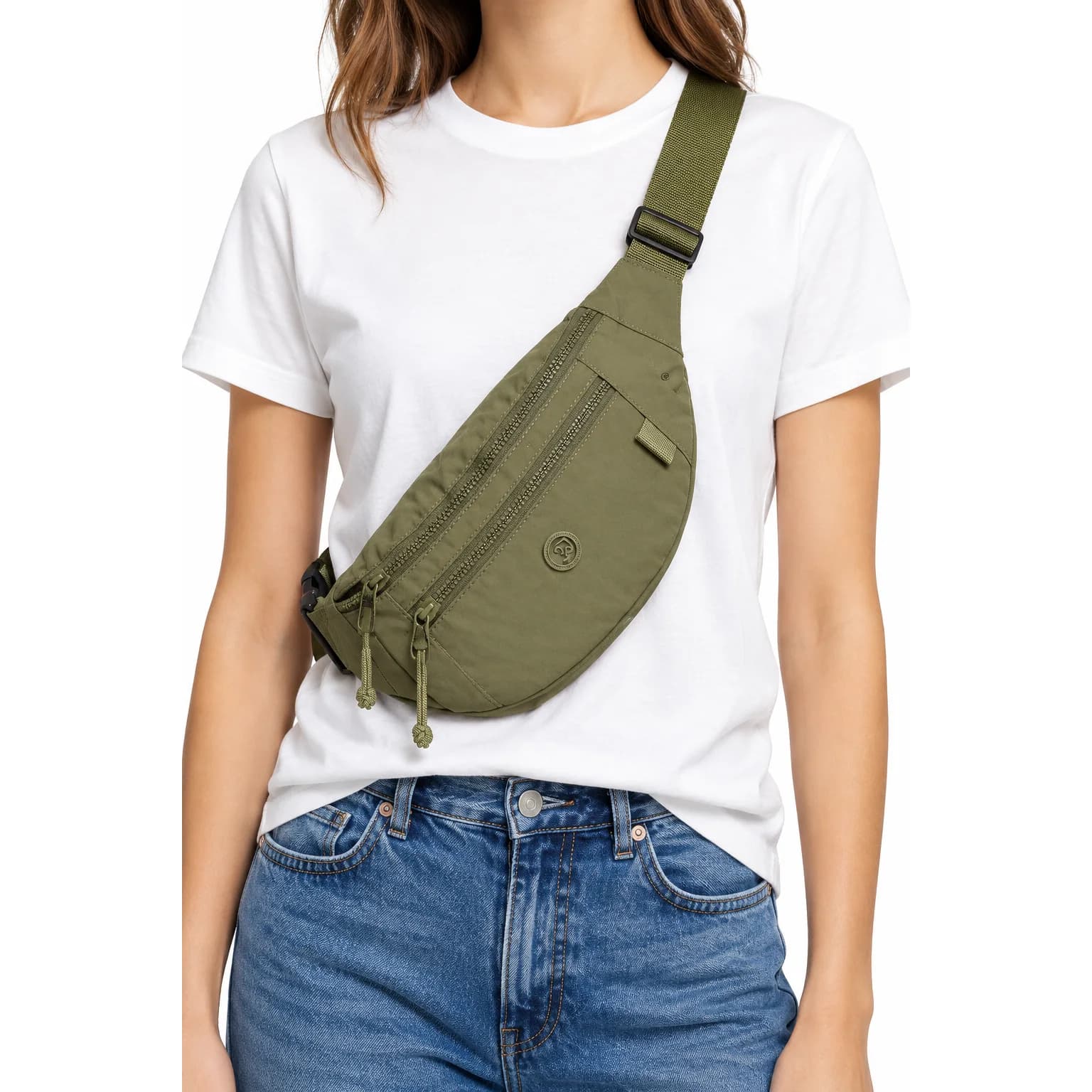David Polo Kadın Taslon Kumaş Çok Bölmeli Fermuarlı Çapraz Bodybag Bel Çanta DP0015, YEŞİL